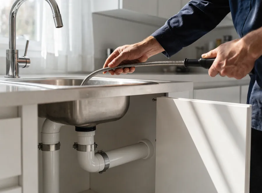 A drain snake being fed into a kitchen sink drain
