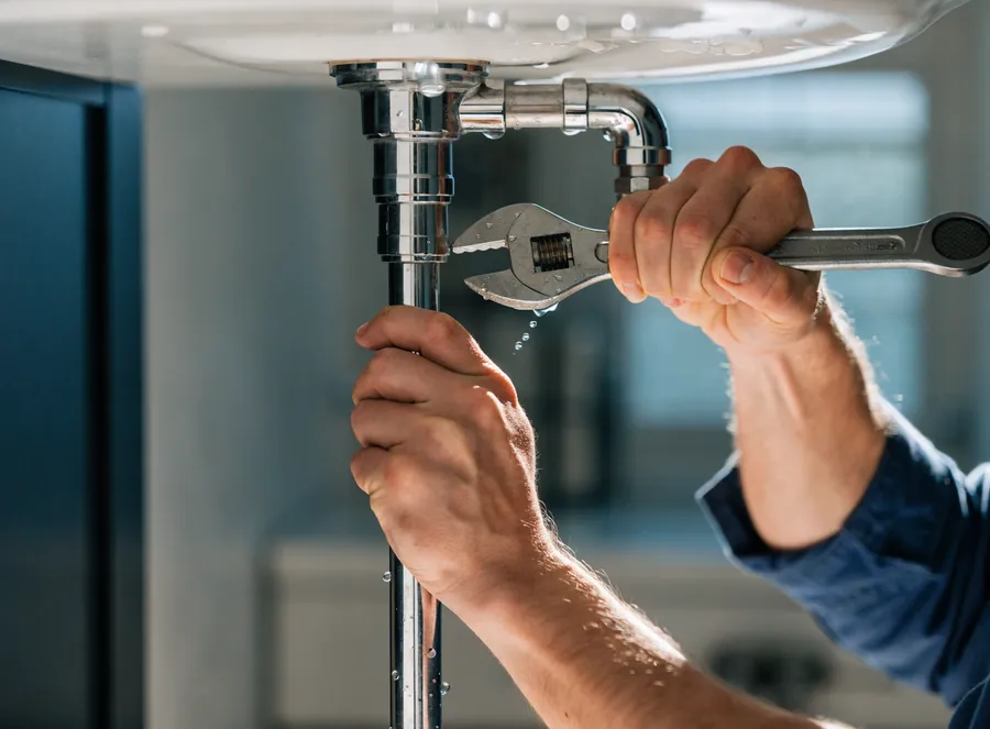 A plumber tightening a water supply line under a sink
