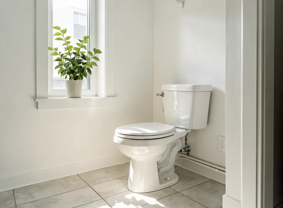 A bright bathroom with a new white toilet